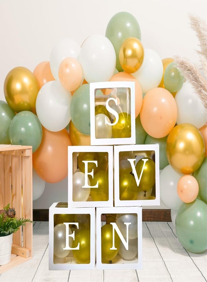 Festi Duck Pack of 5 Balloon Boxes - Transparent White Boxes with “S,” “E,” “V,” “E,” and “N” Letters & 24 Balloons (Gold & White) for Elegant 7th Birthday or Anniversary Décor (Gold & White) - Image 1